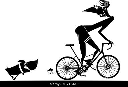 Cane arrabbiato e ciclista. Il ciclista spaventato fugge dal cane arrabbiato. Illustrazione in bianco e nero Illustrazione Vettoriale