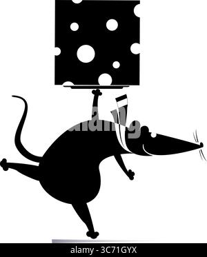 Un topo o un topo carino che regge un pezzo di formaggio. Topo cartoni animati o topo con una grossa fetta di formaggio. Illustrazione in bianco e nero Illustrazione Vettoriale