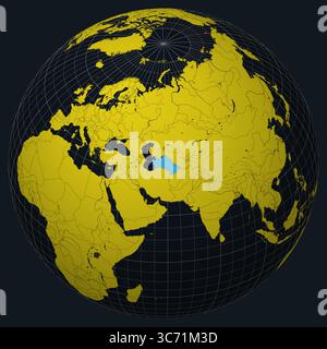 Turkmenistan sul Globe. Vista paese sulla mappa del mondo nella tavolozza dei colori giallo brillante Charcoal. Forma del Turkmenistan sulla mappa. Illustrazione Vettoriale