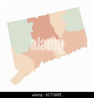 Mappa punteggiata del Connecticut. Mappa digitale dello stato su sfondo bianco. Forma del Connecticut con punti circolari. Stile puntini colorati. Illustrazione Vettoriale
