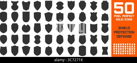 Set vettoriale silhouette silhouette icona Pixel Perfect. Forma dello scudo, pittogramma dell'etichetta di sicurezza. distintivo medievale del 50 isolato su bianco. Proteggere lo stemma Illustrazione Vettoriale