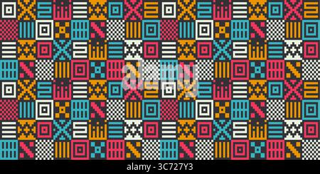 Motivo etnico vettoriale senza cuciture nero. Brillante stampa in tessuto Navajo indiano tribale. Pagine Web retrò riempiono la trama della carta da imballaggio popolare nativa Aztec senza cuciture Illustrazione Vettoriale