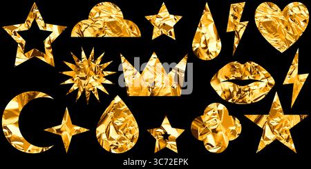 Icone di progettazione vettoriale con una texture realistica in lamina dorata. Brillanti illustrazioni metalliche di stella, cuore, labbra, goccia, luna, flash, corona per pac di lusso Illustrazione Vettoriale