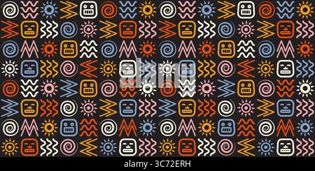 Motivo etnico vettoriale senza cuciture sul nero. Brillante stampa in tessuto Navajo indiano tribale. Pagine Web retrò riempiono la carta da imballaggio folk nativa senza cuciture Aztec Illustrazione Vettoriale