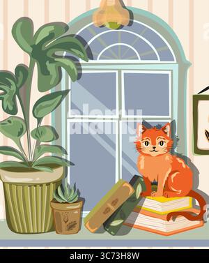 Una camera con una grande finestra e con diversi libri, piante in vaso e un gatto. Simpatica illustrazione in stile cartoni animati Illustrazione Vettoriale