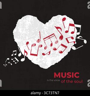 Poster musicale con note musicali sullo sfondo a forma di cuore. Citazione la musica è la voce dell'anima. Illustrazione vettoriale Illustrazione Vettoriale