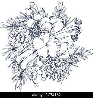 Una composizione artistica disegnata a mano sulle linee natalizie con frutti di bosco, pino, coni di pino, bastoncini di cannella e cotone, perfetta per le calde scene natalizie e rustiche Illustrazione Vettoriale