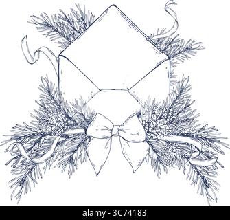 Busta di carta per una lettera circondata da rami di pino, coni, nastri e decorata con un fiocco. Illustrazione grafica grafica grafica disegnata a mano. Ideale per Illustrazione Vettoriale