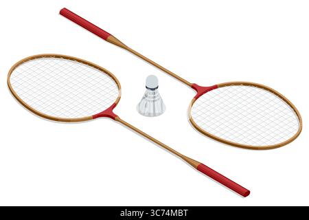 Un'illustrazione isometrica di due racchette da badminton con rubinetti, una serie di attrezzature pronte per una partita, che simboleggiano lo sport e il tempo libero Illustrazione Vettoriale