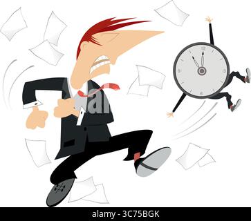 Uomo d'affari. Concetto Stop Time. Scadenza. Un uomo d'affari arrabbiato calci una grande sveglia. Isolato su sfondo bianco Illustrazione Vettoriale