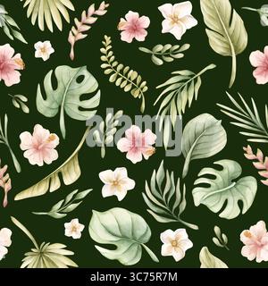 Foglie tropicali e fiori rosa Acquerello piante esotiche dipinto a mano in estate senza cuciture su sfondo verde scuro Foto Stock