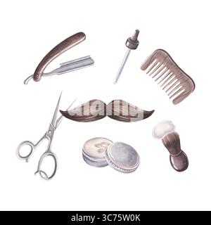 Forbici, rasoio, pettine, pipetta, cera, spazzola, schiuma, baffi al manubrio al centro. Illustrazione ad acquerello dipinta a mano del set per la cura dei baffi Foto Stock