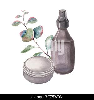 Flacone spray, stagno, ramo di eucalipto. Illustrazione ad acquerello dipinta a mano isolata su sfondo bianco. Ideale per il confezionamento cosmetico di profumi solidi Foto Stock