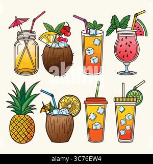 Illustrazioni cocktail tropicali: Menu drink estivo grafica vivace collezione di illustrazioni disegnate a mano che mostrano vari cocktail tropicali Illustrazione Vettoriale