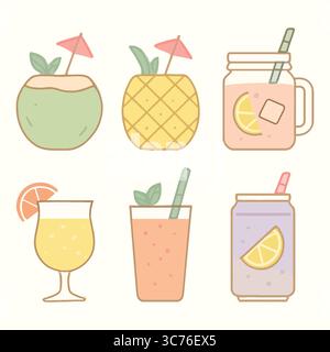 Icone delle bevande tropicali: Cocktail estivi e bevande rinfrescanti illustrazione, collezione di sei distinte illustrazioni estive delle bevande, con un cocco Illustrazione Vettoriale