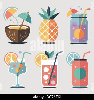 Cocktail tropicali: Icone delle bevande estive ed elementi di design dell'ananas Illustrazione Vettoriale