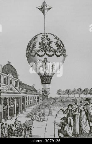 Parigi, Francia. Salita in mongolfiera di Madame Sophie Blanchard al Champ de Mars il 24 giugno 1810. Questo evento si tenne per celebrare il matrimonio di Napoleone i e Maria Luisa d'Austria. Incisione. Directoire, Consolato et Empire. Moeurs et usages, lettres, Sciences et Arts Francia, 1795-1815' (Direttorio, Consolato e Impero di Francia. Costumi e tradizioni, lettere, scienze e arti Francia, 1795-1815), di Paul Lacroix. Pubblicato a Parigi, 1884. Foto Stock