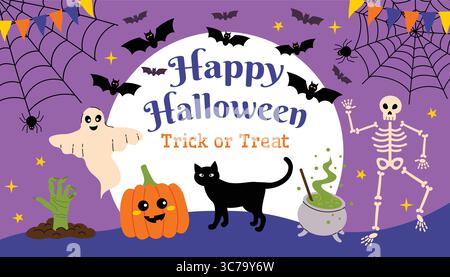 Divertente carta Halloween con luna e pipistrelli, fantasma, gatto nero, scheletro, calderone, zucca e ragnatela sullo sfondo viola. Stile cartoni animati piatto, colorato spettrale Illustrazione Vettoriale
