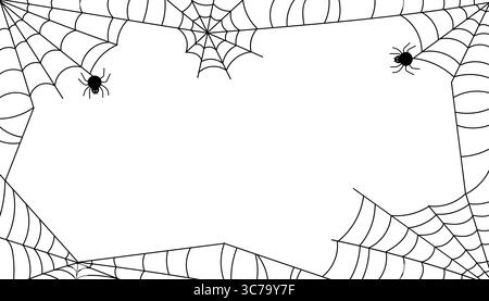 Cornice Halloween con ragnatela nera e ragni su sfondo bianco. Bordo disegnato a mano con centro vuoto per testo, invito o saluto. Spaventoso Illustrazione Vettoriale