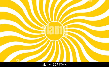 Simbolo minimalista del sole con folti raggi ondulati. Vivace sfondo caldo da cartolina o poster con un tocco retrò. Illustrazione Vettoriale