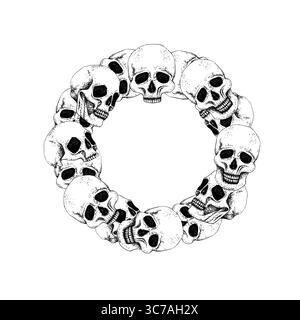 Teschi umani stile grafico modello cornice circolare. Illustrazione vettoriale con sfondo bianco. Inchiostro disegnato a mano gotico, stile Punk per Halloween, giorno di Illustrazione Vettoriale