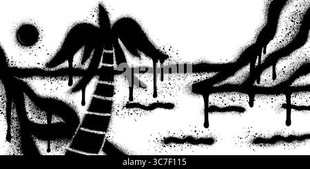 Icona estiva Graffiti dipinta a spruzzo con palme e luna isolate su sfondo bianco. Illustrazione Vettoriale
