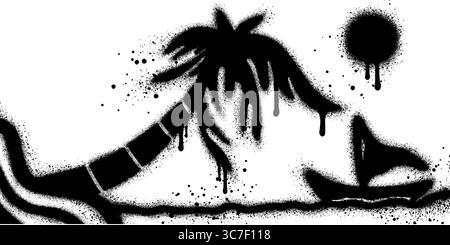 Icona estiva Graffiti dipinta a spruzzo con palme e luna isolate su sfondo bianco. Illustrazione Vettoriale