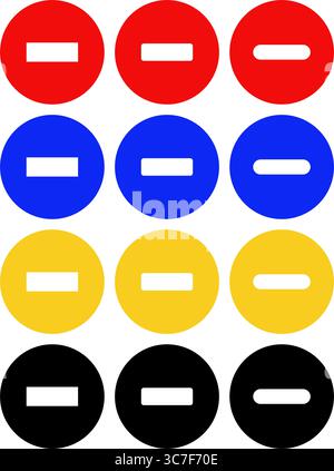Una serie di icone circolari vettoriali con segni meno in rosso, blu, giallo e nero, con più varianti di stile per i controlli di navigazione UI e UX Illustrazione Vettoriale
