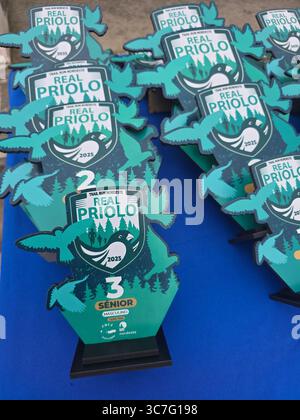 I partecipanti che corrono e camminano attraverso i lussureggianti sentieri della foresta e le strade storiche della città durante l'evento Trail Real Priolo nell'isola di São Miguel, nelle Azzorre, Foto Stock