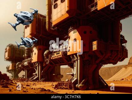 Illustrazione di droni che volano in un complesso industriale su Marte. Foto Stock