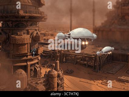 Illustrazione di droni che volano in un impianto industriale su Marte. Foto Stock