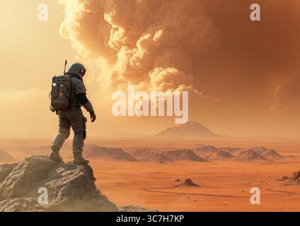 Illustrazione di un astronauta che guarda una lontana tempesta di sabbia sulla superficie di Marte. Foto Stock