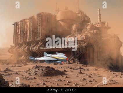 Illustrazione di un drone che vola in un complesso industriale su Marte. Foto Stock