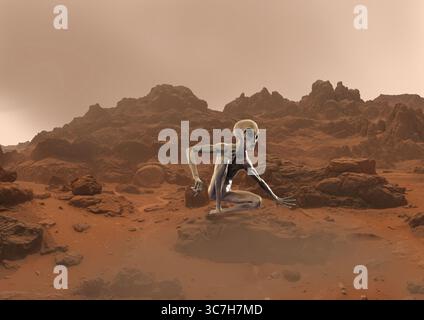 Illustrazione di un alieno su Marte. Foto Stock