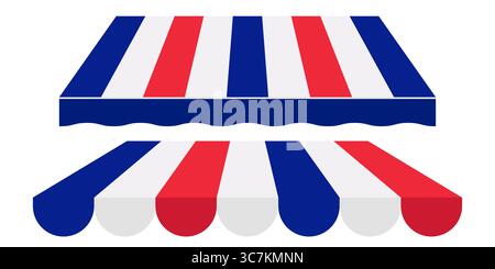 Illustrazione tenda tenda da da tenda stile circo. Parasole a righe rosse bianche e blu per il ristorante Store Market o per eventi all'aperto. Elemento tetto vettoriale per Classic Illustrazione Vettoriale