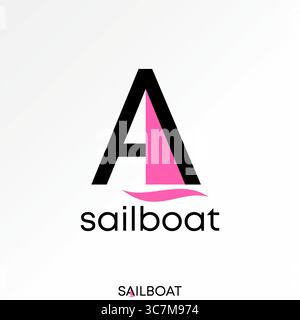 Design del logo concept grafico immagine vettoriale di alta qualità creativa TOP sell iniziale Di Una barca a vela con font e viaggio di pesca a vela con onde costiere Illustrazione Vettoriale