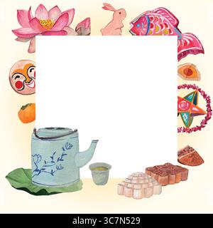 Sfondo acquerello del festival di metà autunno. Pentole da tè, torte lunari, lanterne, frutta, fiori di loto ed elementi acquerelliti di cachi. Quadrato con gradiente Illustrazione Vettoriale