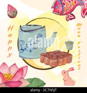 Banner disegnato a mano ad acquerello a metà autunno. Tè e torte di luna sull'inchiostro e schizzi d'acquerello. Fiori di loto e lanterne sullo sfondo. Cultura asiatica Illustrazione Vettoriale