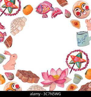 Sfondo acquerello del festival di metà autunno. Torte di luna, lanterne, persimmons, elementi di acquerello con fiori di loto. Tema della cultura orientale. Festival della Luna Illustrazione Vettoriale