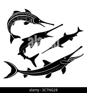 Illustrazione di varie sagome preistoriche di pesce pagaiolo americano in bianco e nero Illustrazione Vettoriale