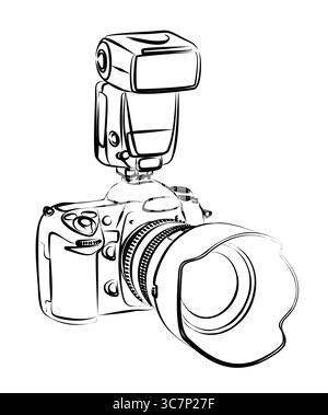 Lo schizzo di una fotocamera reflex con flash. Illustrazione Vettoriale