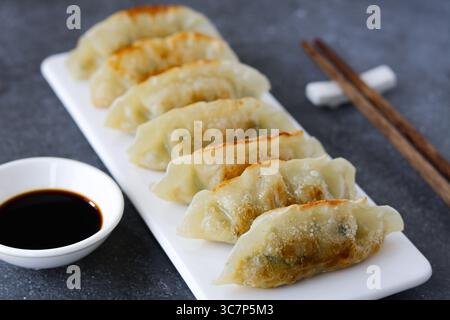 Primo piano di una disposizione di diversi gnocchi Mandu o coreani, ordinatamente presentati su un piatto da portata rettangolare bianco. Foto Stock