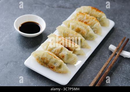 Una disposizione di diversi gnocchi Mandu o coreani, ordinatamente presentati su un piatto da portata rettangolare bianco. Foto Stock