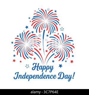 Una vivace illustrazione grafica che celebra il giorno dell'indipendenza, con fuochi d'artificio colorati in rosso, bianco e blu. Illustrazione Vettoriale