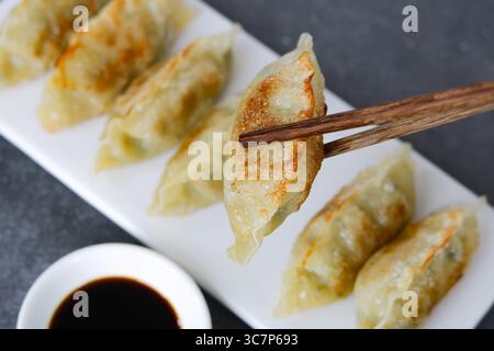 Il primo piano cattura un paio di bacchette che contengono gnocchi Mandu o coreani, posizionati sopra un piatto da portata bianco. Foto Stock