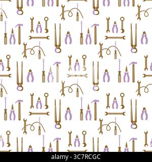 Modello senza cuciture di vari strumenti in colori pastello utilizzati per la riparazione o il vettore di progetti fai da te Illustrazione Vettoriale