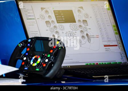 Alpine F1 Team A525, dettaglio meccanico del volante durante il Gran Premio d'Ungheria di Formula 1 2025 di Lenovo, 14° appuntamento del Campionato del mondo di Formula 1 2025 FIA dal 1° al 3 agosto 2025 sull'Hungaroring, a Mogyorod, Ungheria Foto Stock