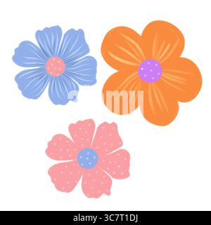 Illustrazione ad acquerello con fiori blu, rosa e arancio. Colori pastello delicati, perfetti per sfondi, tessuti e opere d'arte per bambini. Foto Stock