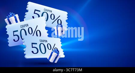 buono 3d con monete d'oro e scatole regalo. Buono omaggio speciale, percentuale di sconto. Modello di voucher regalo. Illustrazione vettoriale Illustrazione Vettoriale