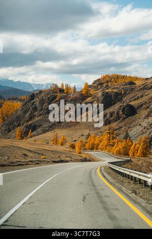 Una foto verticale di una strada tortuosa con un guardrail che conduce attraverso un paesaggio roccioso di montagna con splendidi alberi autunnali gialli Foto Stock